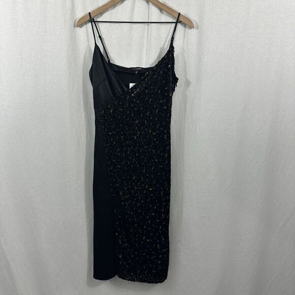 Intermix Ava Velvet Black Gold Leopard Slit Prom Midi Slip Dress Womens Size 4 - Picture 1 of 12